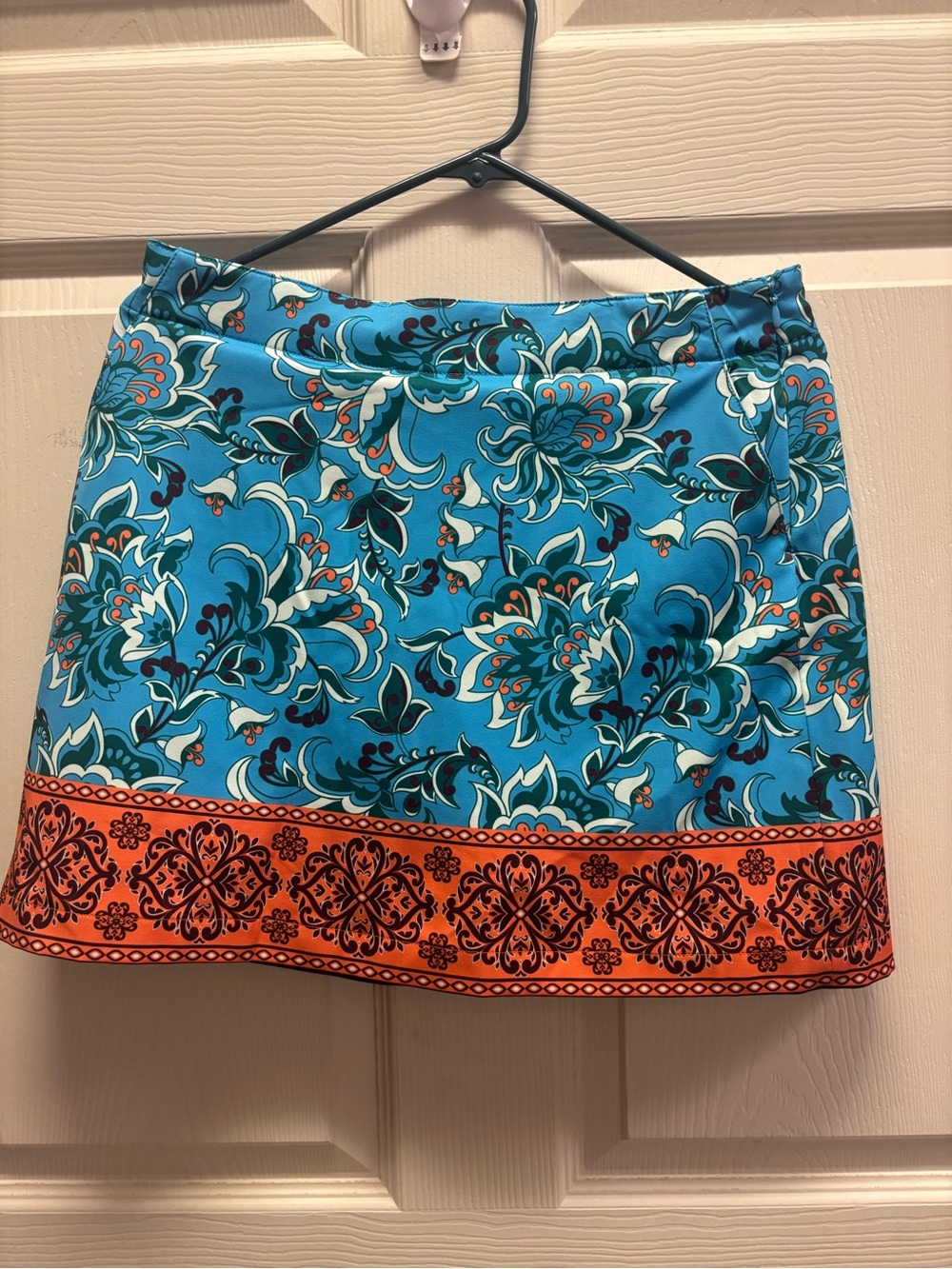 Lady Hagen Turquoise Floral Mini Skirt with Orange Border